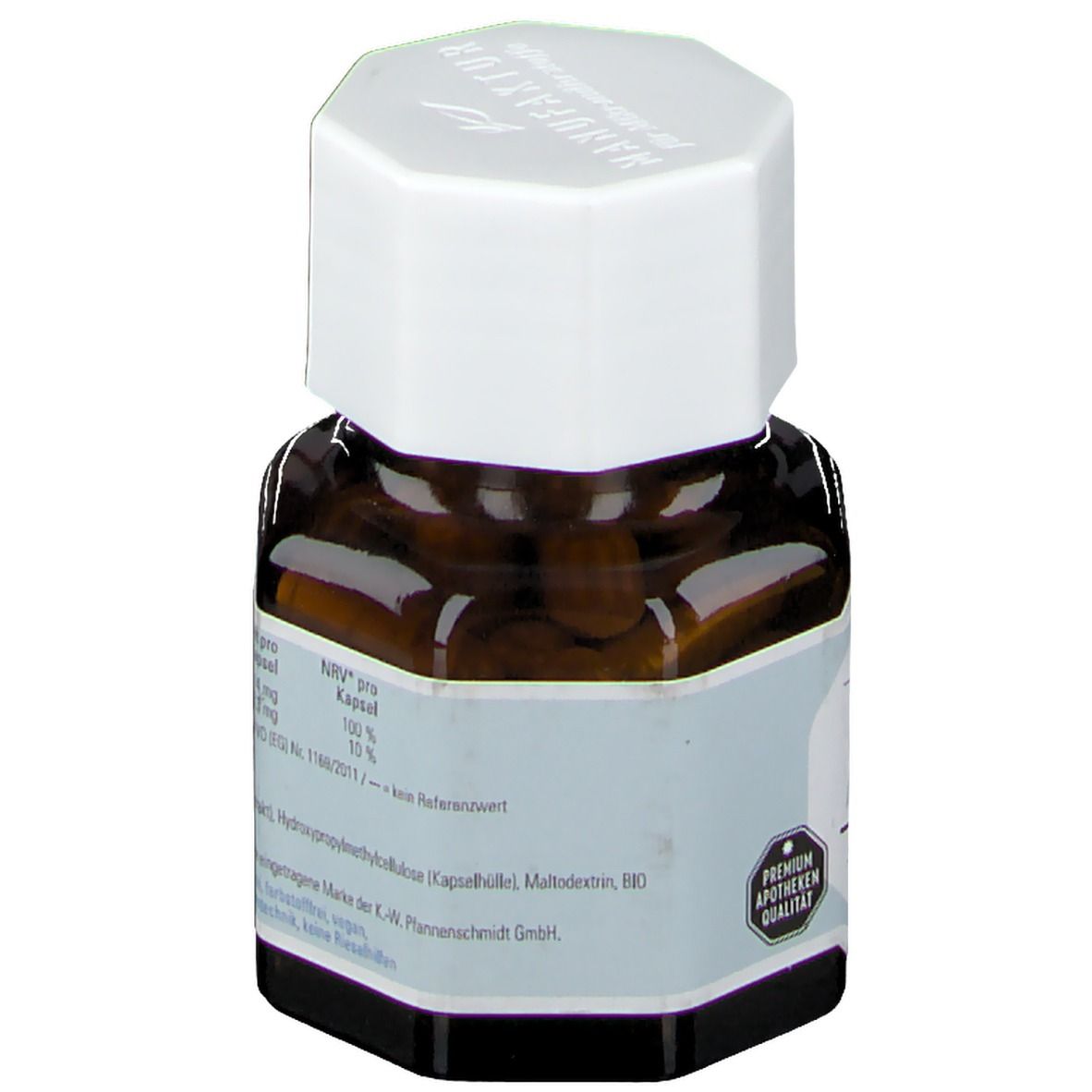 Rückansicht der braunen Glasflasche mit weißem Deckel. Etikett mit Nährwertangaben und Apotheken-Qualität.