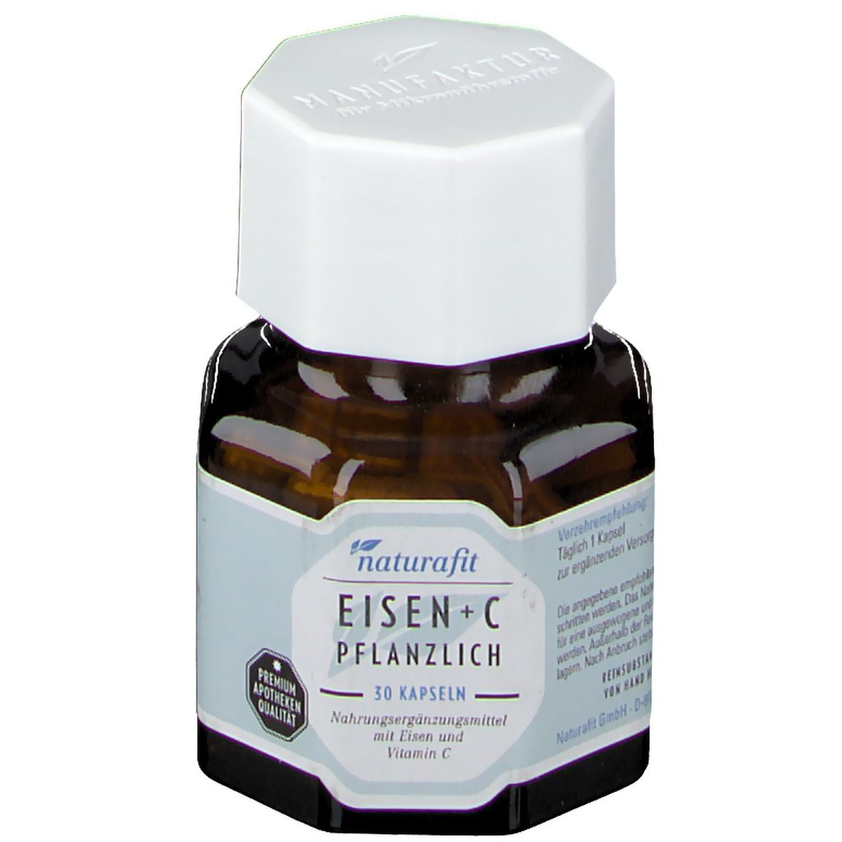 Braune Glasflasche mit weißem Deckel. Etikett mit naturafit Eisen+C pflanzlich, 30 Kapseln. Apotheken-Qualität.