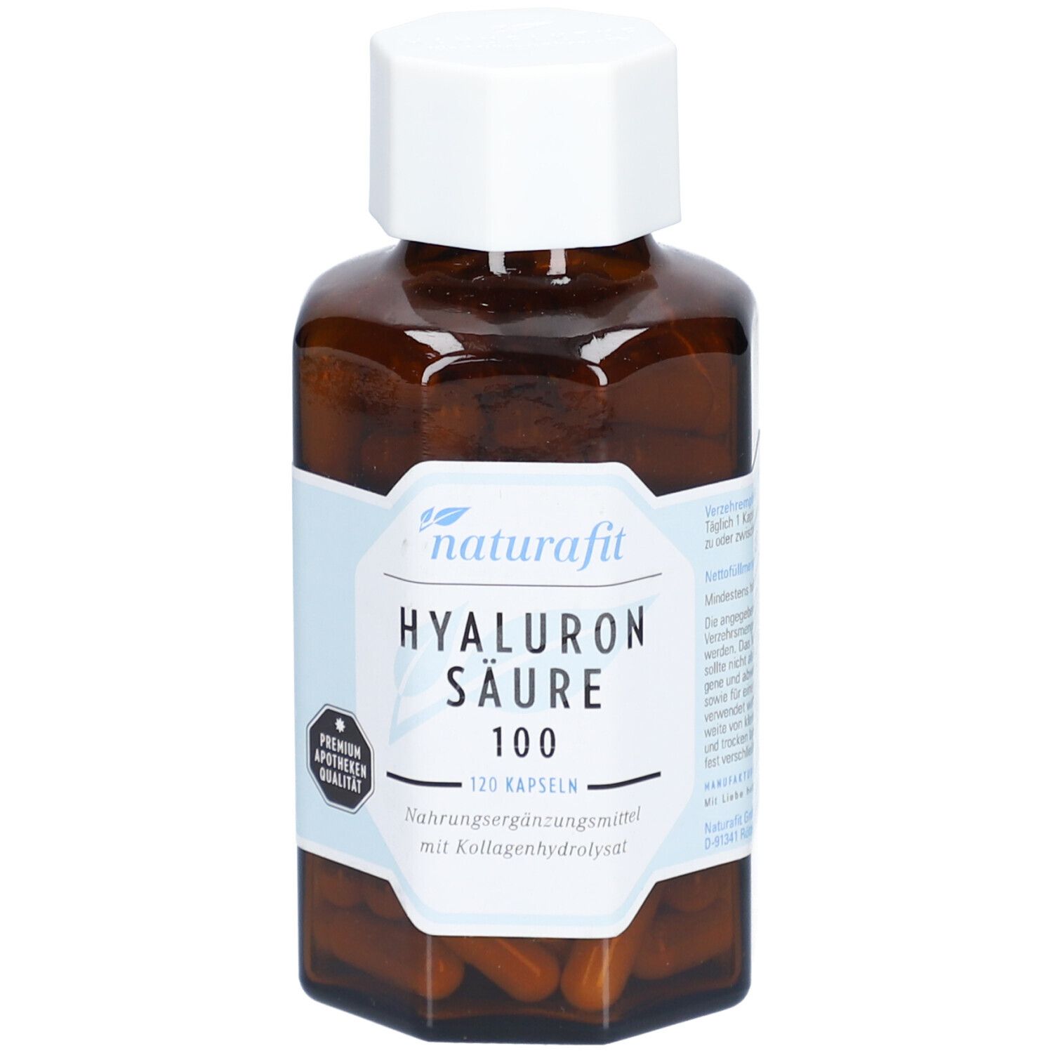 Flacon de comprimés brun avec bouchon blanc. L'étiquette indique "naturafit Hyaluron Säure 100".