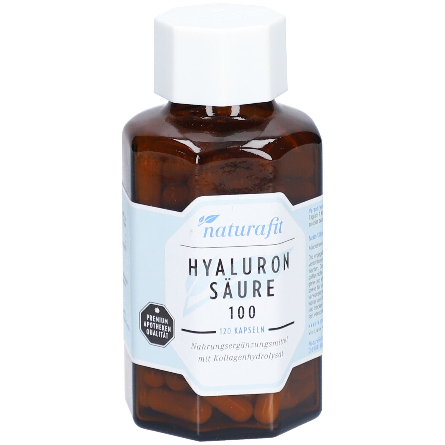 Flacon de comprimés brun avec bouchon blanc. L'étiquette indique "naturafit Hyaluron Säure 100" et un sceau de qualité pharmaceutique.
