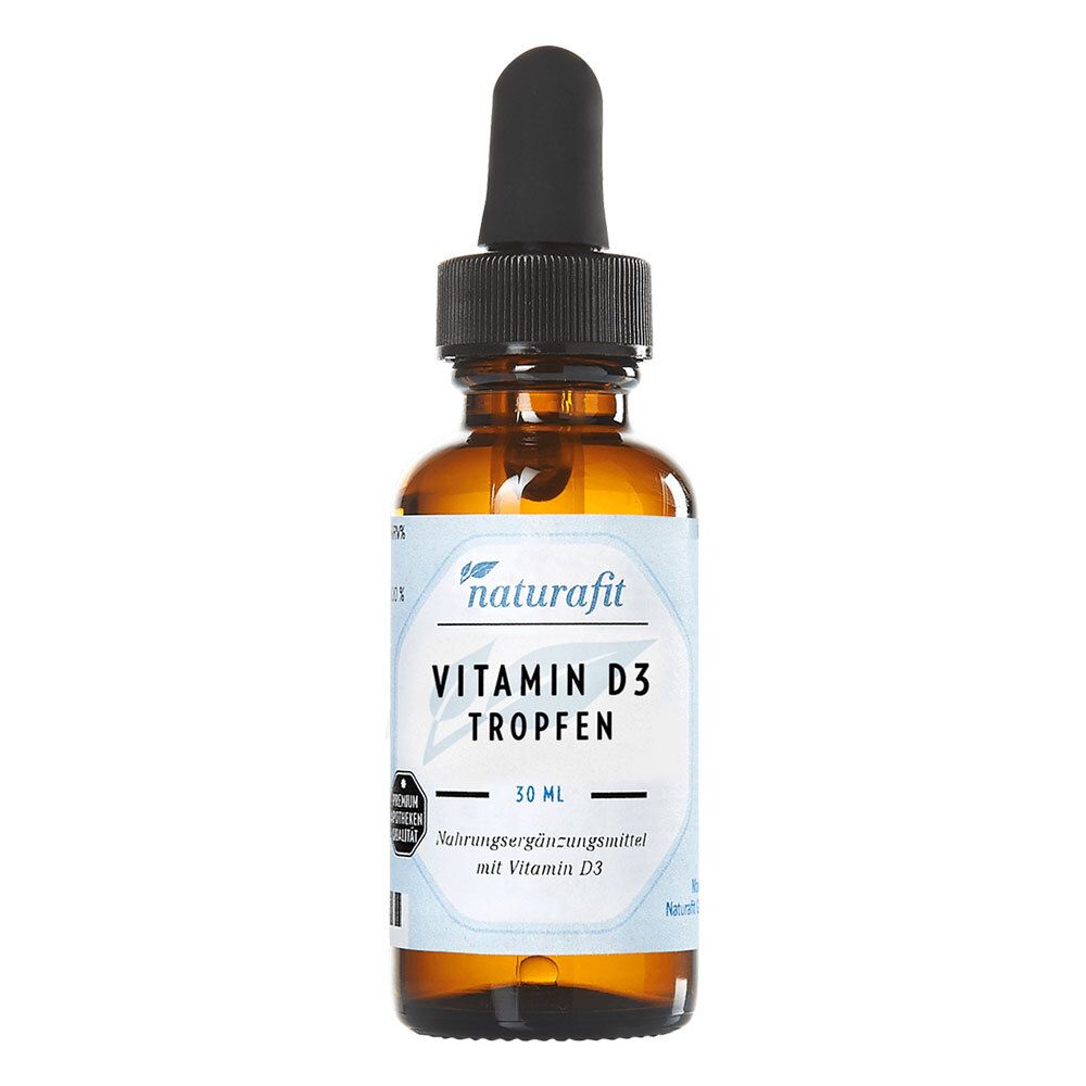 Braune Glasflasche mit Tropfer. Aufschrift: naturafit Vitamin D3 Tropfen. 30 ml.