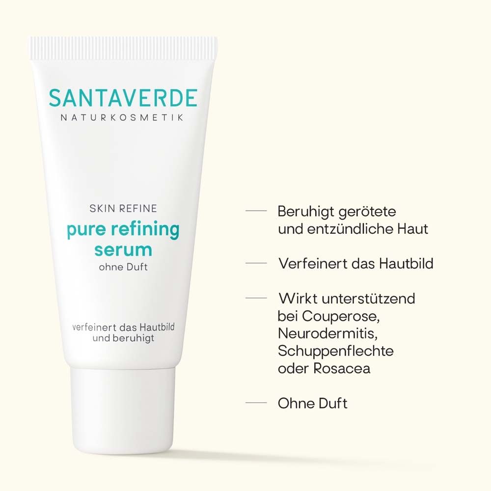 Tube SANTAVERDE Skin Refine pure refining serum. Texte : apaise, affine, sans parfum. Informations produit.