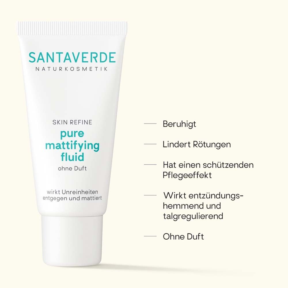 Tube blanc avec informations produit. Texte: pure mattifying fluid sans parfum. Propriétés: apaise, réduit rougeurs.