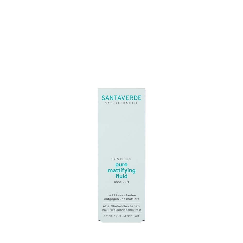 Emballage blanc avec texte: Skin Refine pure mattifying fluid. Texte: agit contre les impuretés et matifie.
