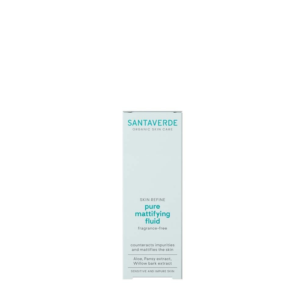 Emballage blanc avec texte: Skin Refine pure mattifying fluid sans parfum. Texte: contrecarre les impuretés et matifie la peau.