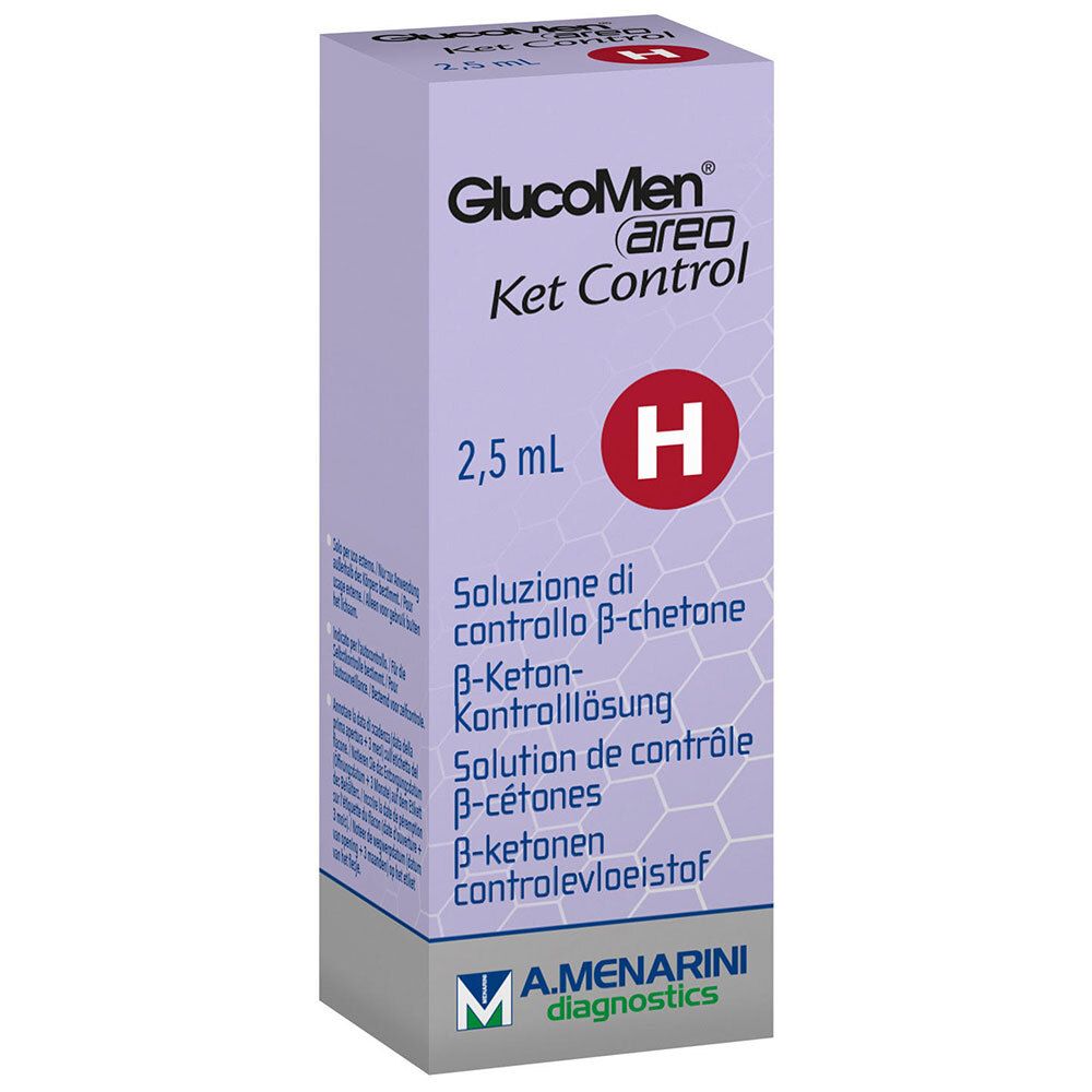 Boîte de GlucoMen areo Ket Control. Inscription : 2,5 ml, H. Inscriptions multilingues : contrôle des bêta-cétones.