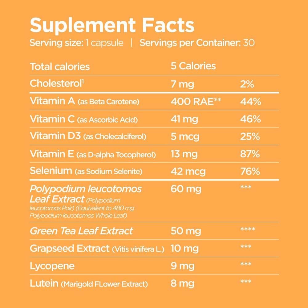 Nährwerttabelle. Enthält Informationen zu Kalorien, Vitaminen und Mineralien in einer Kapsel.