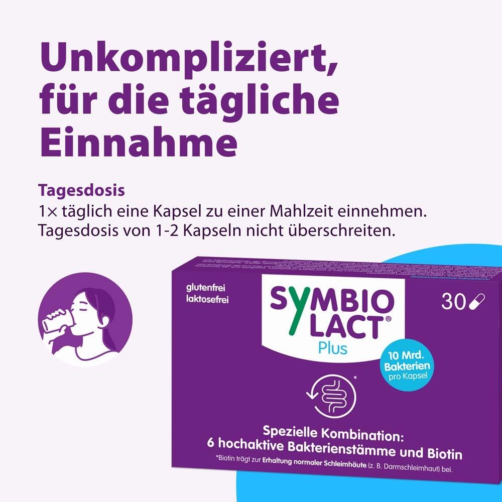 Boîte SymbioLact® Plus avec 30 gélules. Texte: Simple, pour une prise quotidienne. 1 gélule par jour.
