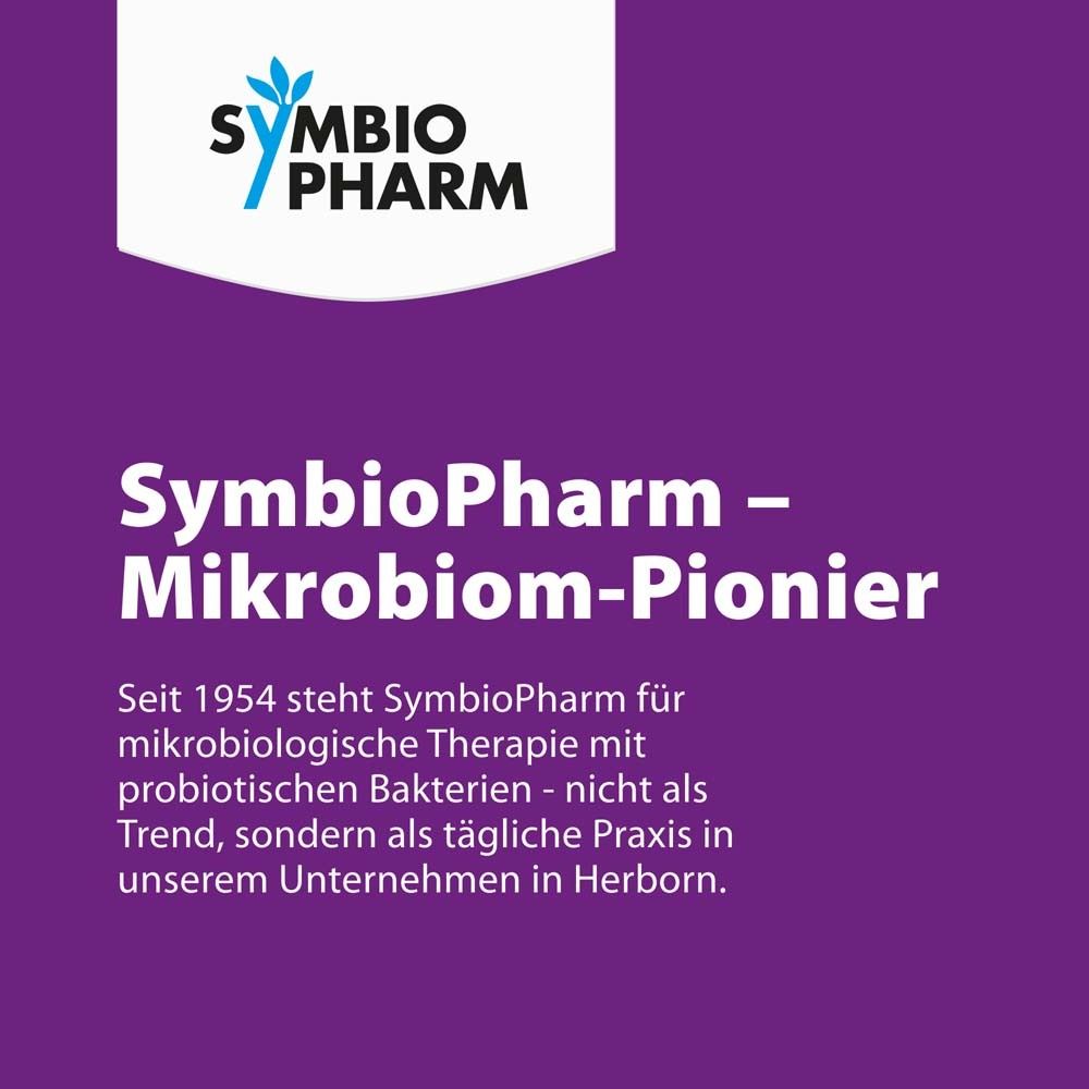 Logo SymbioPharm. Texte: SymbioPharm - Pionnier du microbiome. Depuis 1954 pour la thérapie probiotique.