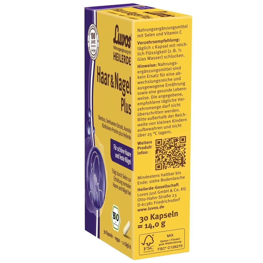 Boîte jaune Luvos Haar & Nagel Plus. Texte sur le côté. 30 gélules. Label FSC.