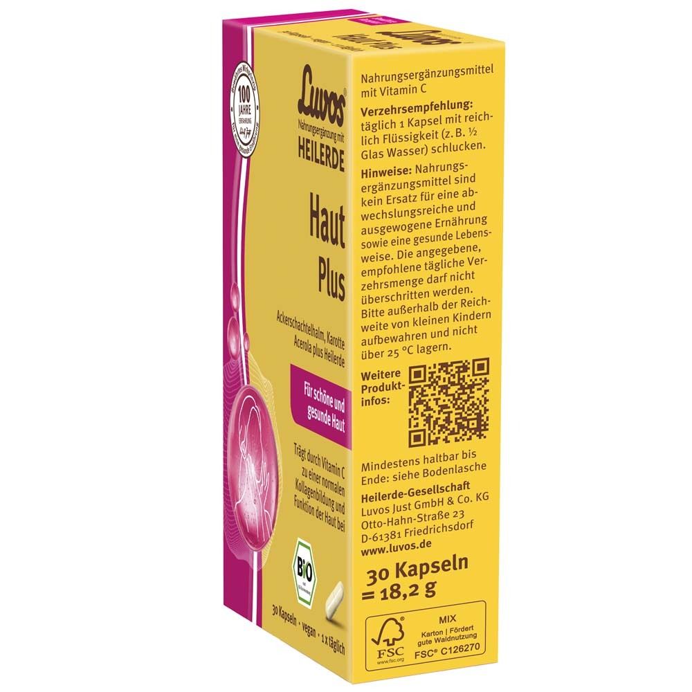 Luvos Heilerde BIO Haut Plus. Verpackung mit Text. Enthält 30 Kapseln. Mit Bio-Siegel. FSC-Zertifizierung. Text: Für schöne und gesunde Haut.