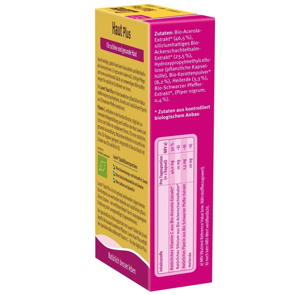 Luvos Heilerde BIO Haut Plus. Verpackung mit Text. Enthält 30 Kapseln. Mit Bio-Siegel. Text: Für schöne und gesunde Haut. Inhaltsstoffe.
