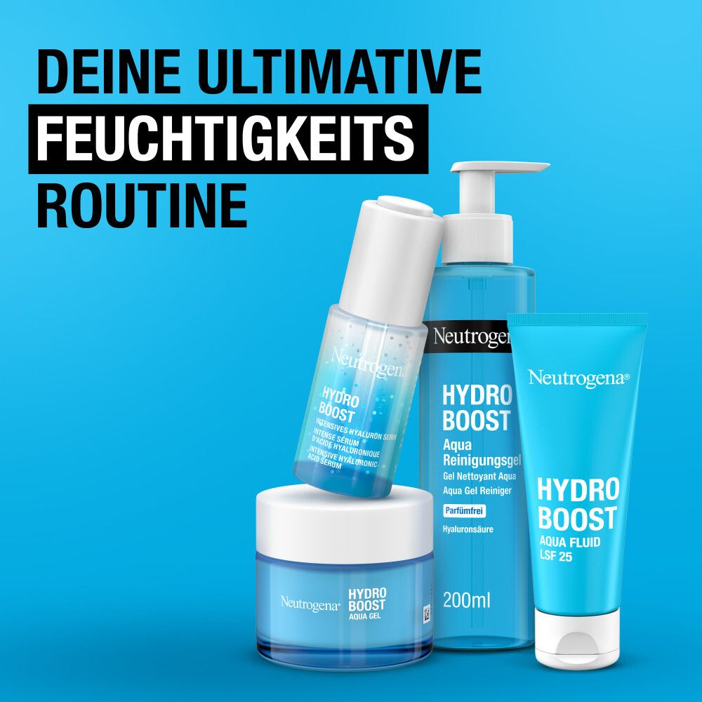 Quatre produits : Sérum, Gel nettoyant Aqua, Aqua Fluid, Aqua Gel. Fond bleu. Texte : Votre routine hydratante ultime.