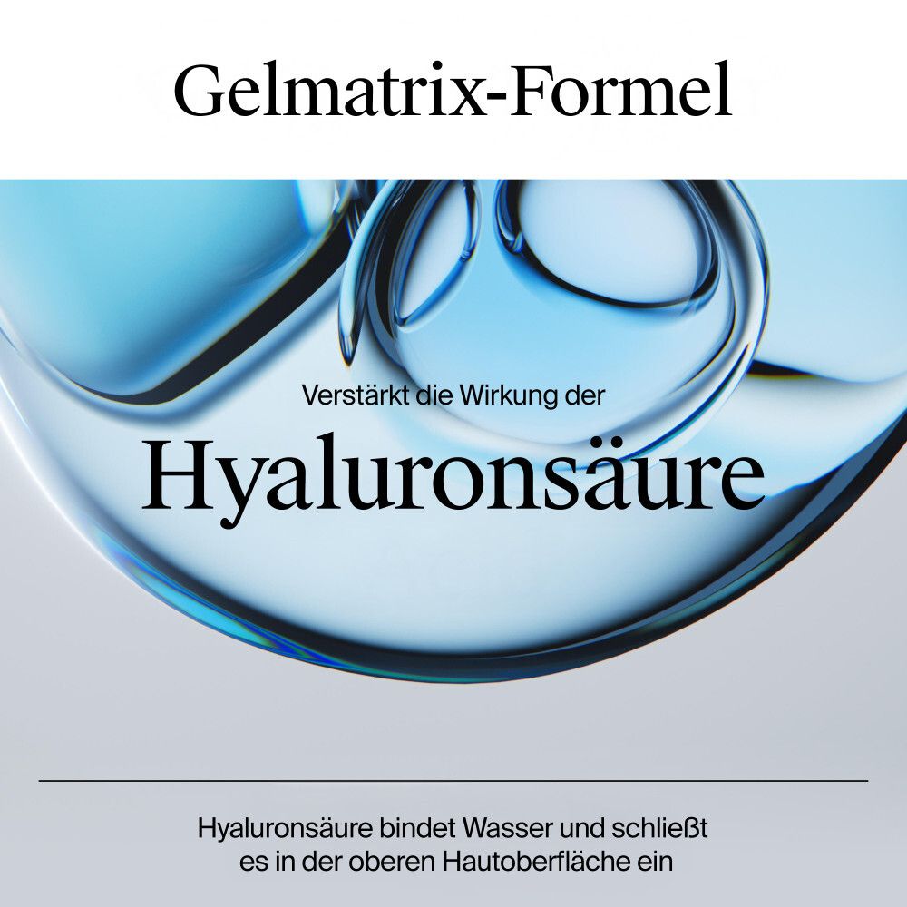 Texte : Formule Gel-Matrice. L'acide hyaluronique lie l'eau. Fond bleu.