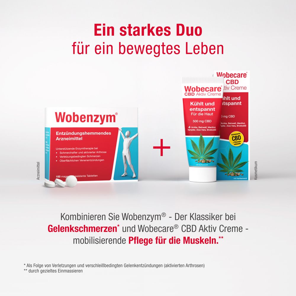 Wobenzym-Packung und Wobecare-Creme. Text über Kombination. Weißer Hintergrund.