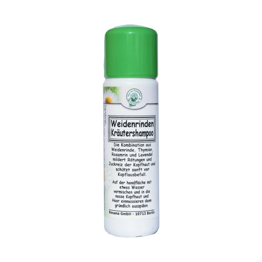 Flacon de Weidenrinden Kräutershampoo avec bouchon vert. Texte en allemand. Amana GmbH - 10713 Berlin.