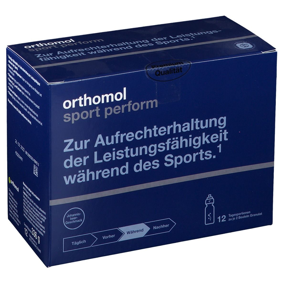 Blau-weiße Verpackung mit "Orthomol sport perform"-Logo. Text: "Zur Aufrechterhaltung der Leistungsfähigkeit während des Sports." 12 Tagesportionen.