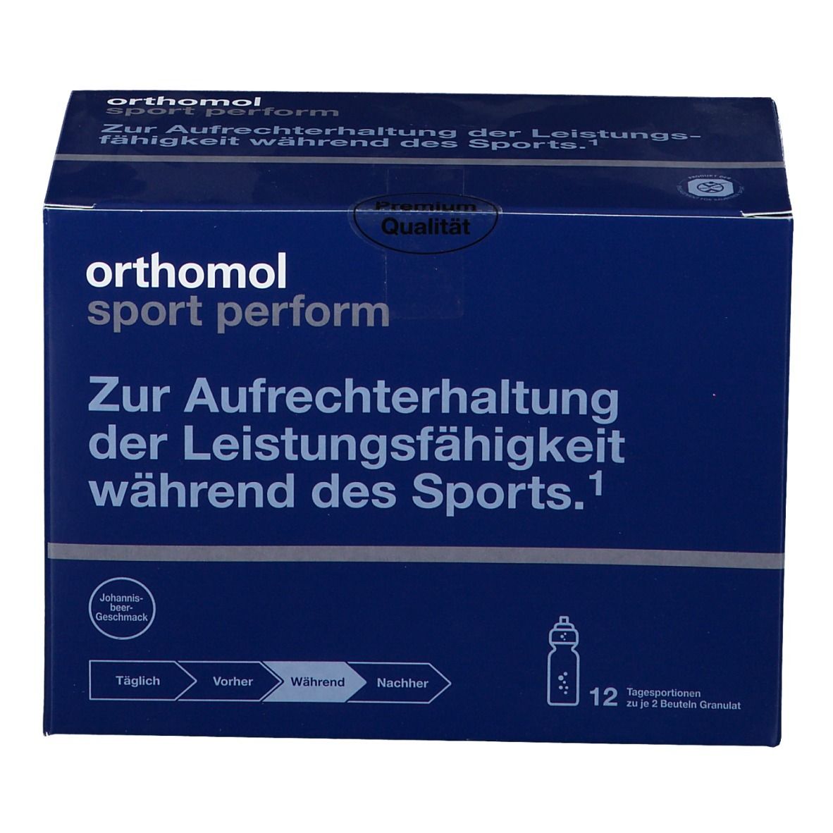 Blaue Verpackung mit "Orthomol sport perform"-Logo. Text: "Zur Aufrechterhaltung der Leistungsfähigkeit während des Sports." 12 Tagesportionen.