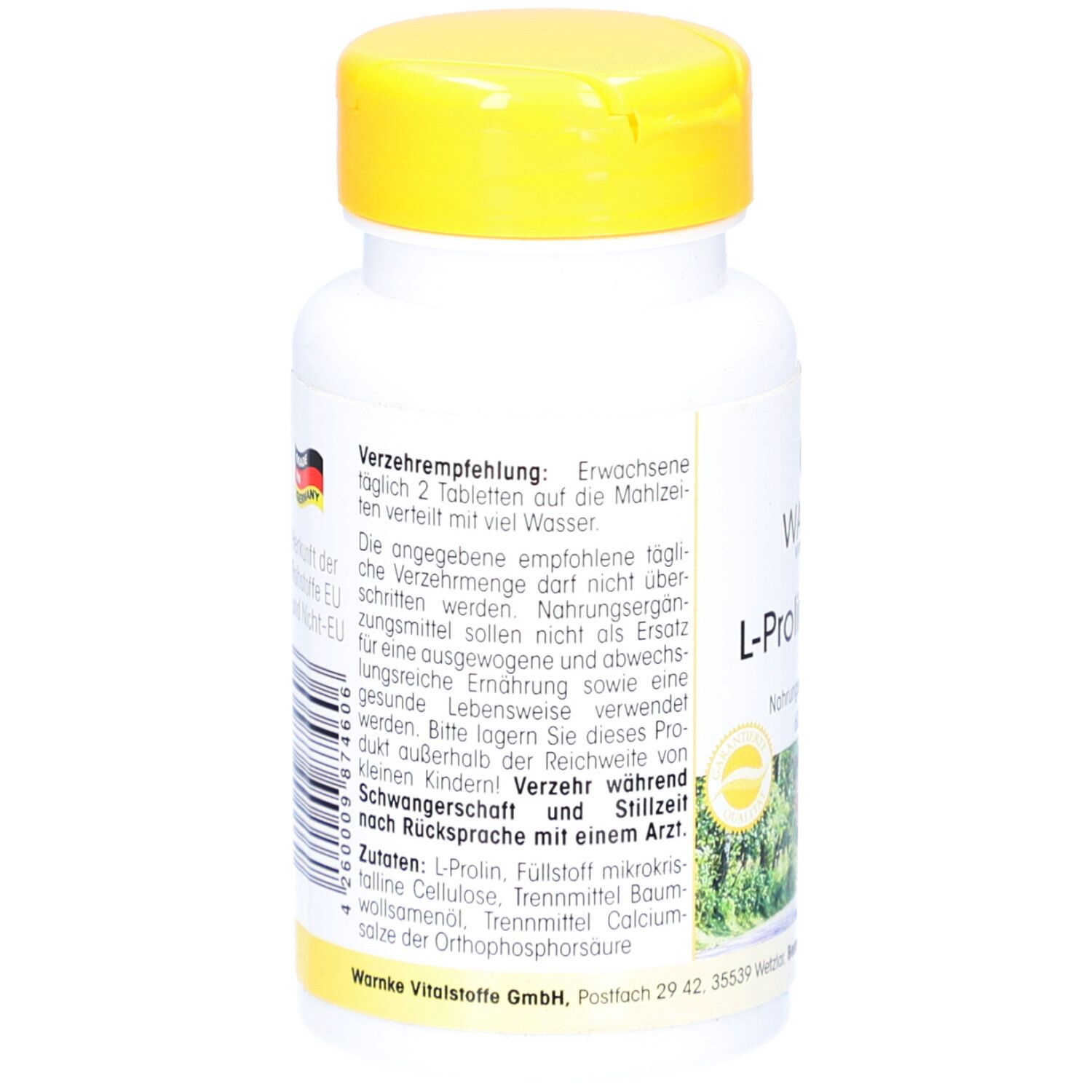 Dos du flacon blanc à bouchon jaune. Texte: Recommandations, ingrédients, avertissements. Avec symbole du drapeau allemand.