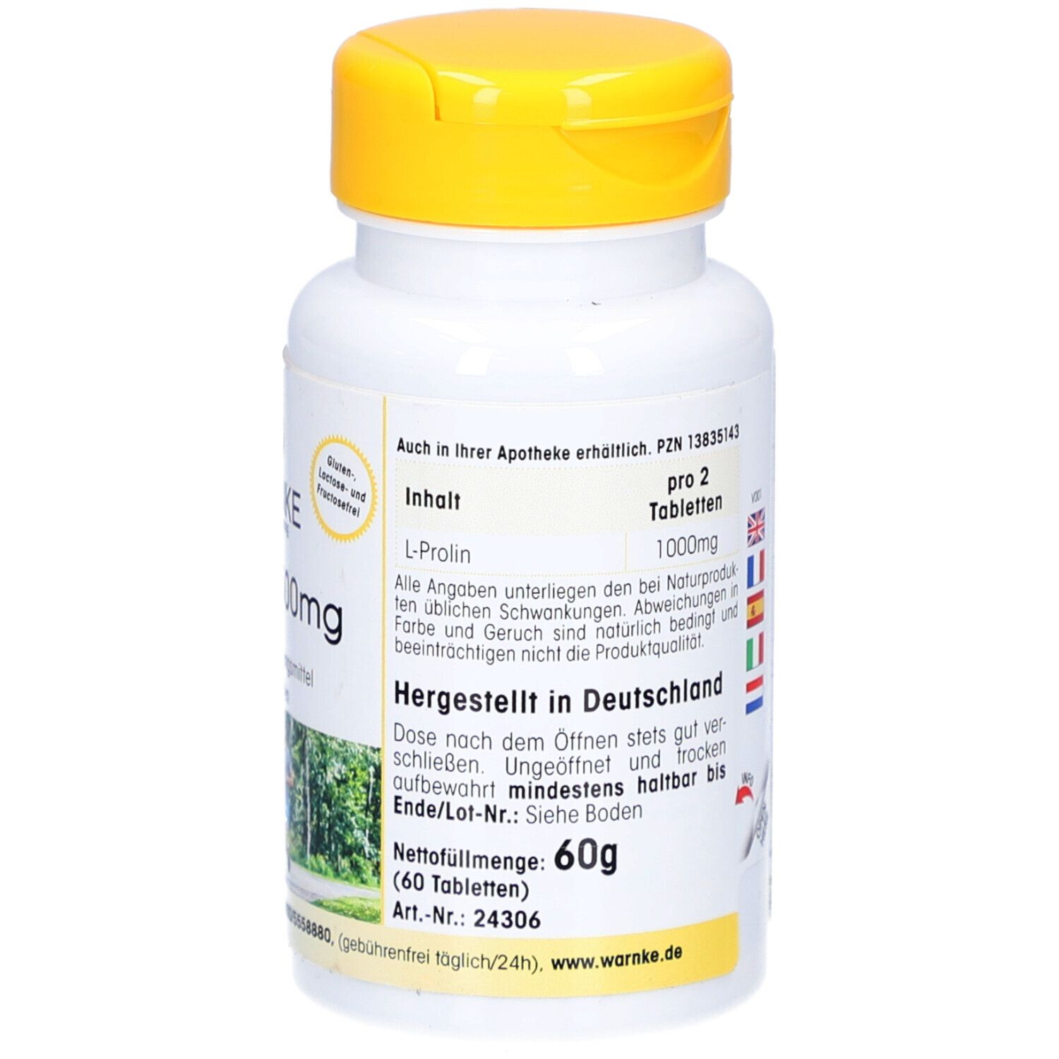 Dos du flacon blanc à bouchon jaune. Texte, composition, fabriqué en Allemagne. Poids net 60g.