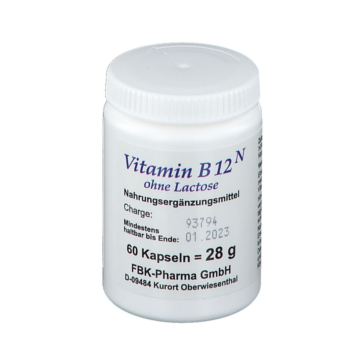 Flacon blanc de vitamine B12 N, 60 gélules. Inscription : sans lactose, complément alimentaire. Fabricant : FBK-Pharma GmbH.