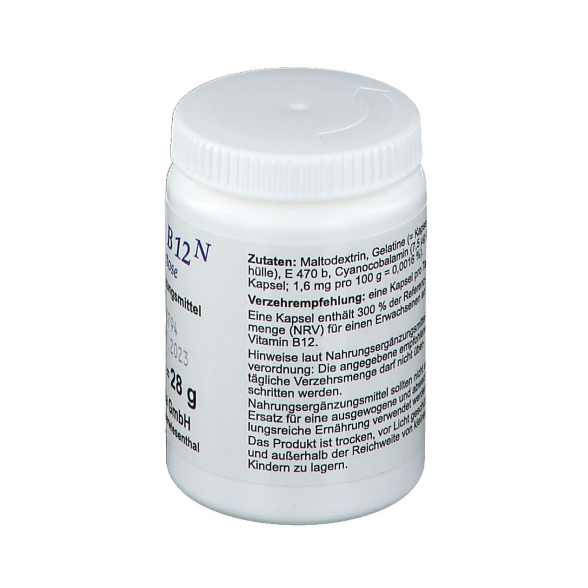 Dos du flacon de vitamine B12 N avec liste des ingrédients et recommandations. Fabricant : FBK-Pharma GmbH. A consommer de préférence avant 01.2023.