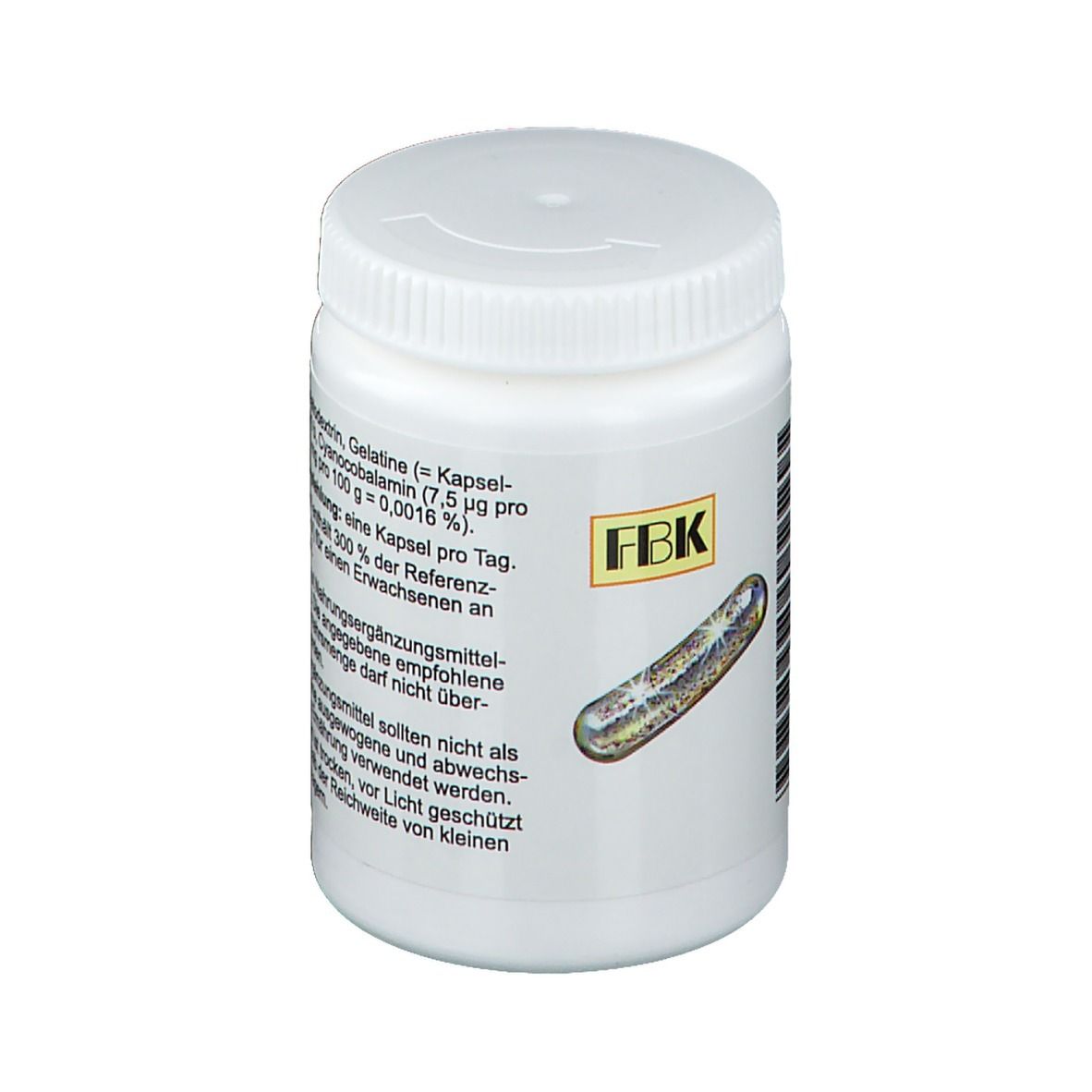 Flacon blanc de vitamine B12 N, côté avec image de gélule et logo FBK. Fabricant : FBK-Pharma GmbH. Date de péremption 01.2023.