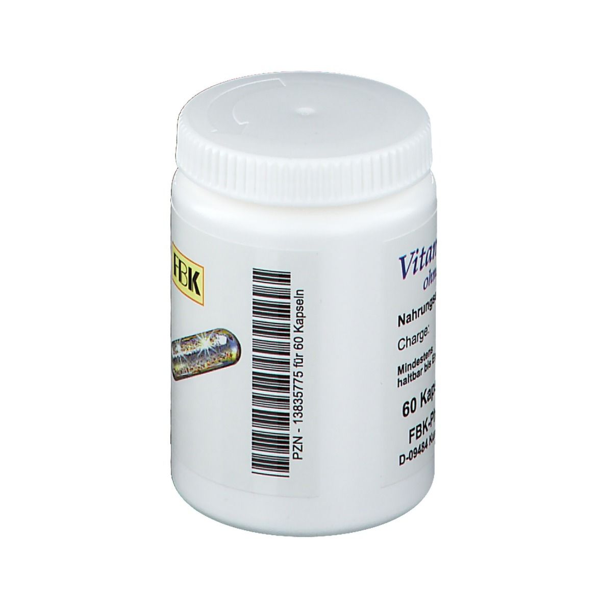 Flacon blanc de vitamine B12 N, côté avec code-barres et logo FBK. Fabricant : FBK-Pharma GmbH. Date de péremption 01.2023. PZN-13835775.