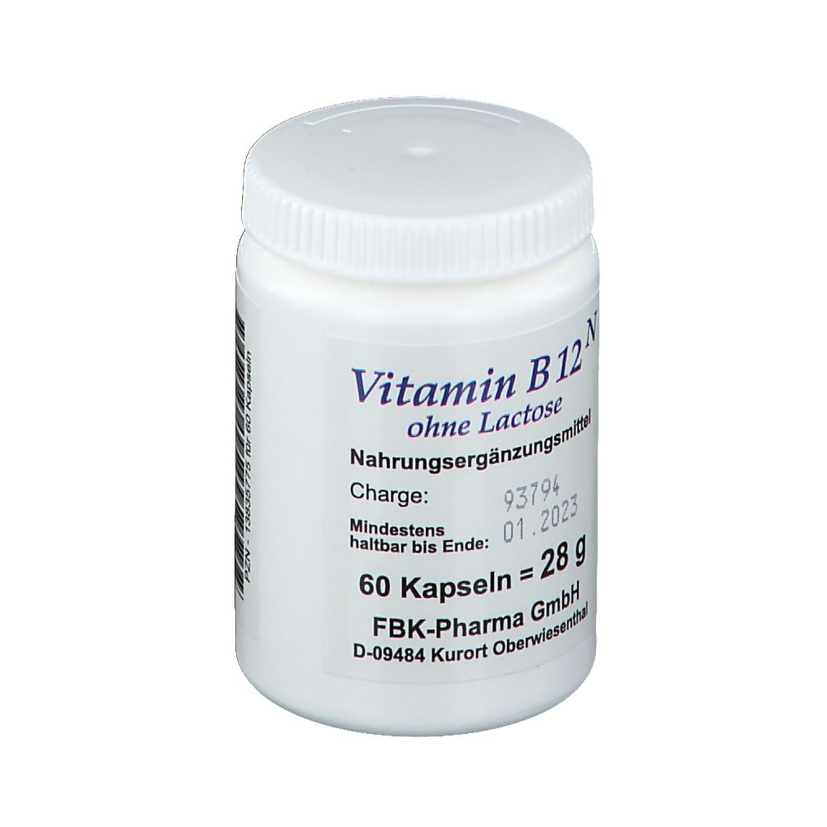 Flacon blanc de vitamine B12 N, 60 gélules. Inscription : sans lactose, complément alimentaire. Fabricant : FBK-Pharma GmbH. Date de péremption 01.2023.