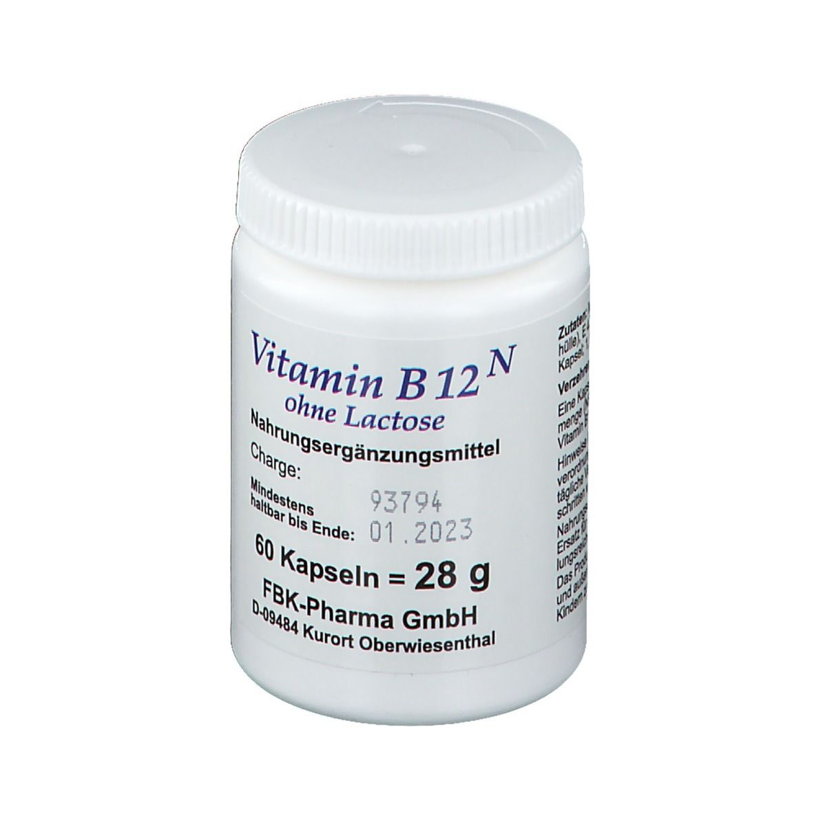 Flacon blanc de vitamine B12 N, 60 gélules. Inscription : sans lactose, complément alimentaire. Fabricant : FBK-Pharma GmbH. Date de péremption 01.2023.
