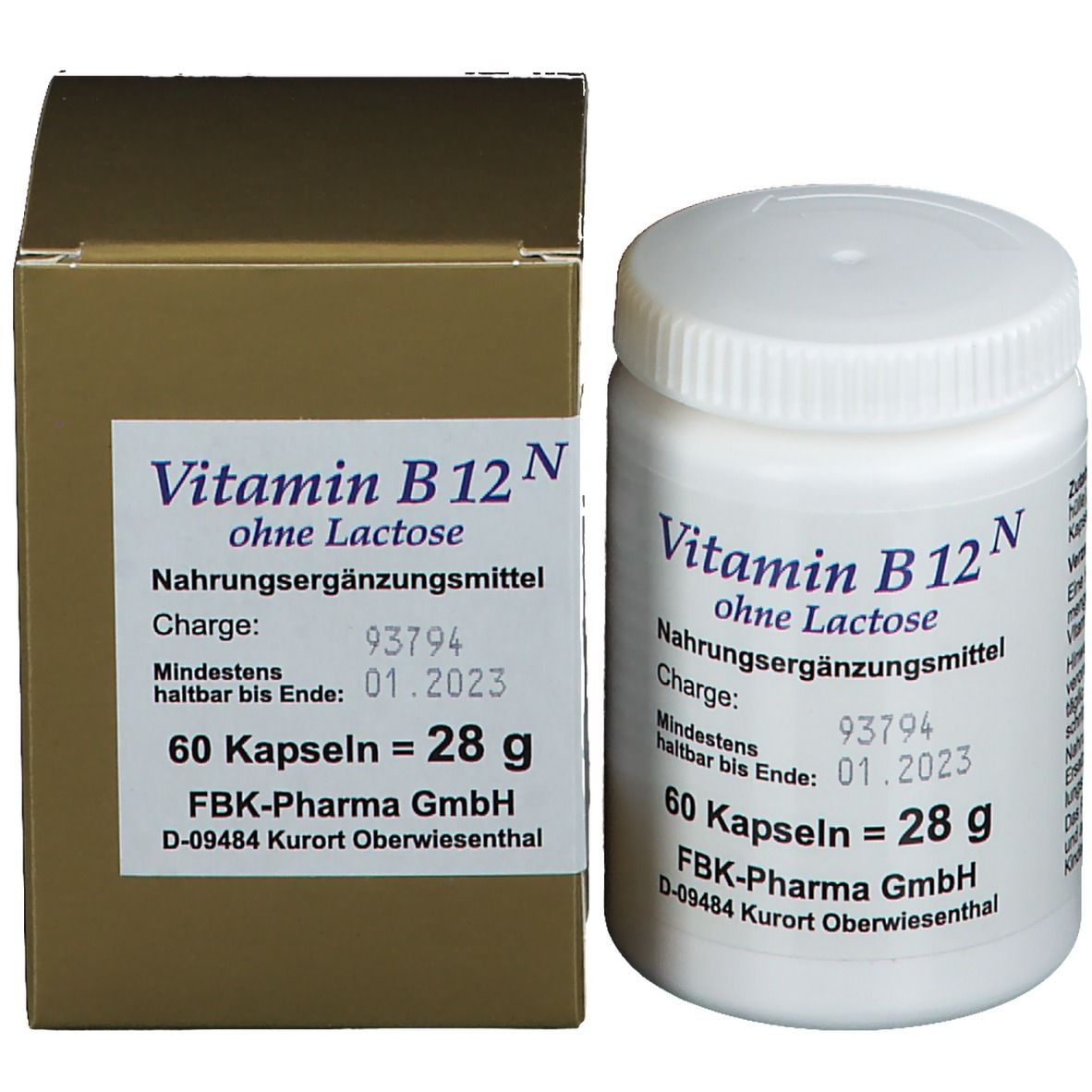 Vitamine B12 N en boîte. Inscription : sans lactose, complément alimentaire. 60 gélules. Fabricant : FBK-Pharma GmbH. Date de péremption 01.2023.
