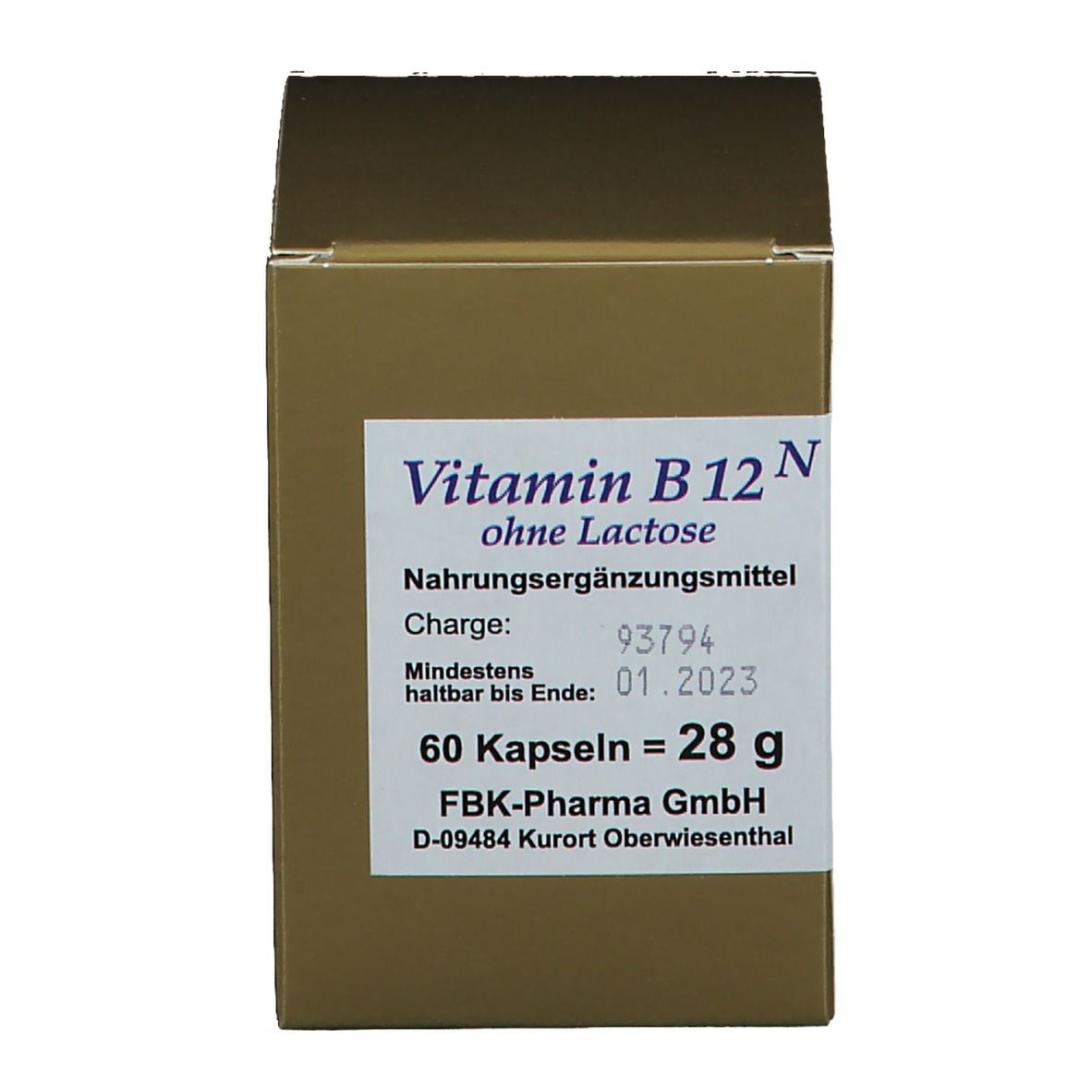 Boîte marron de vitamine B12 N. Inscription : sans lactose, complément alimentaire. 60 gélules. Fabricant : FBK-Pharma GmbH. Date de péremption 01.2023.