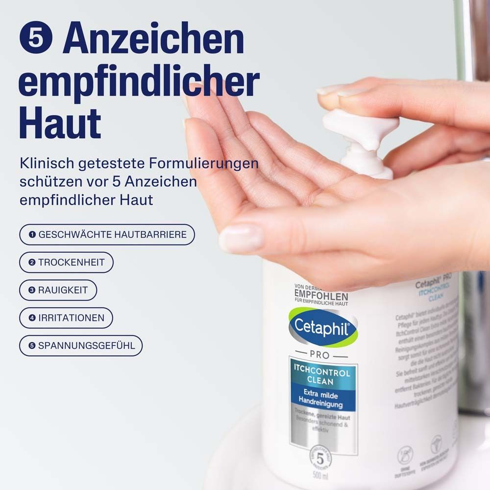 Hände mit Flasche. Text: 5 Anzeichen empfindlicher Haut. Klinisch getestete Formulierungen schützen vor 5 Anzeichen empfindlicher Haut.