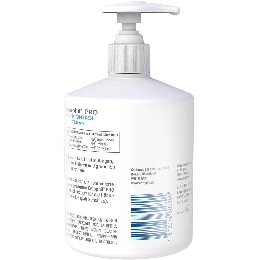 Rückseite der Flasche. Text: Cetaphil PRO ItchControl Clean. Inhaltsstoffe. Anwendungshinweise. Barcode.