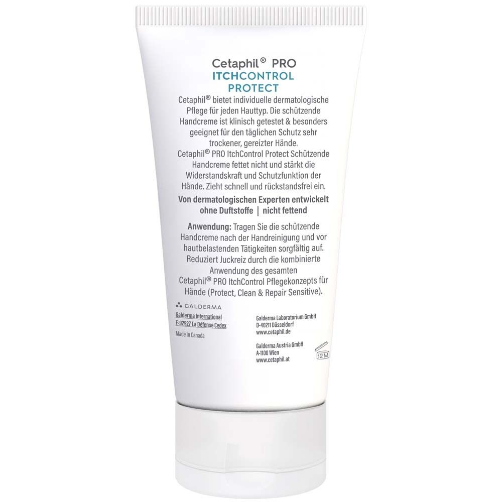 Rückseite der Tube Cetaphil Pro ItchControl Protect Handcreme. Text: Anwendungshinweise und Inhaltsstoffe.