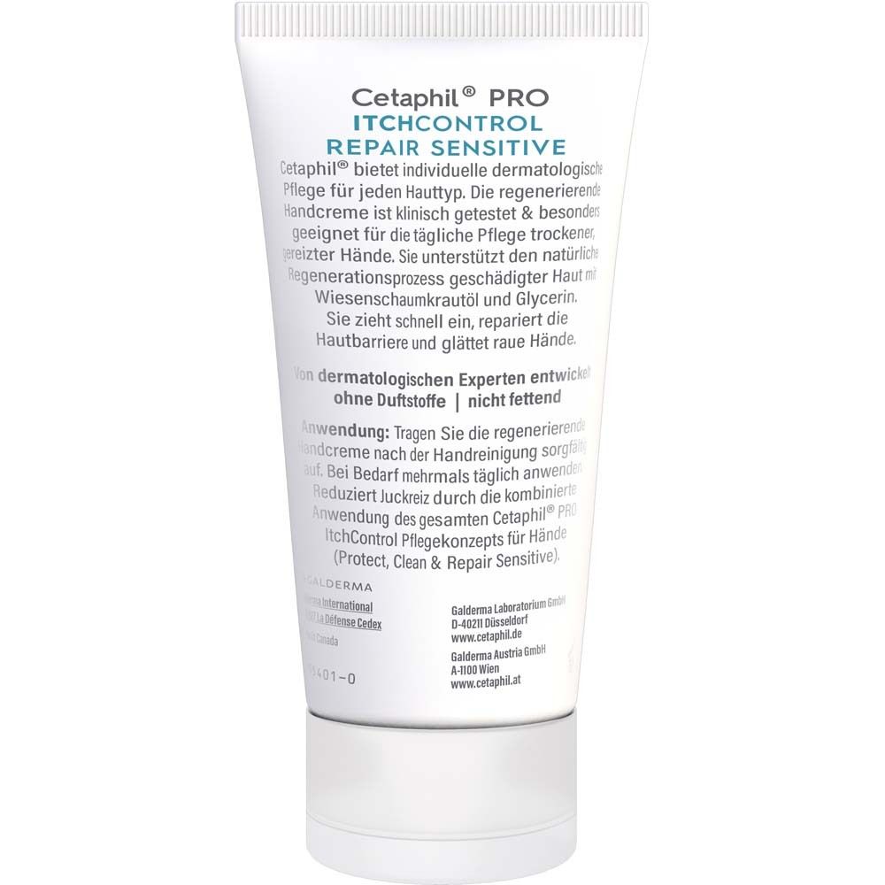 Rückseite der Handcreme-Tube. Text und Inhaltsstoffe. Marke: Cetaphil Pro.