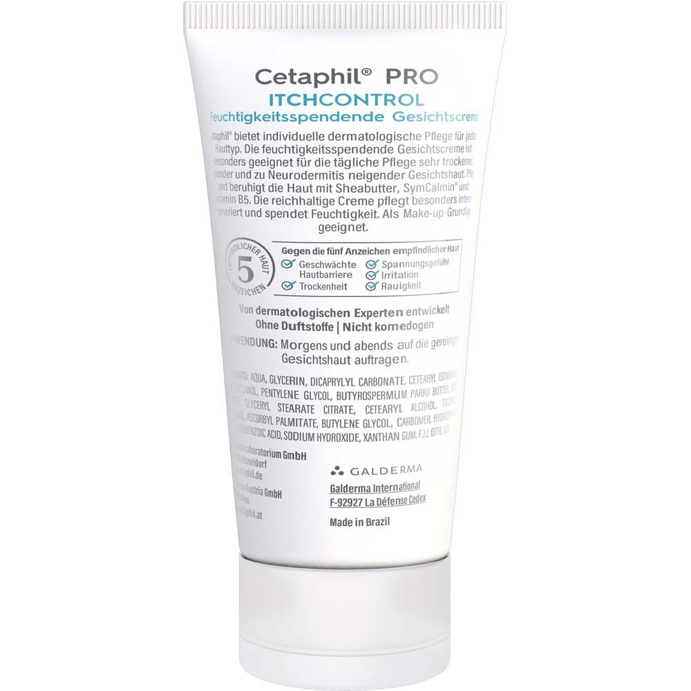 Rückseite der Cetaphil PRO ItchControl Gesichtscreme Tube. Produktinformationen.