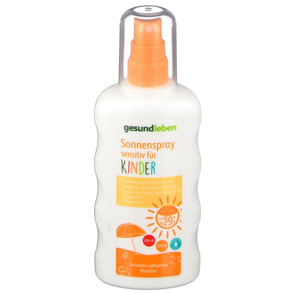 Spray solaire blanc avec tête de pulvérisation orange et bouchon transparent. Texte: gesund leben Sonnenspray sensitiv für Kinder, SPF 50.