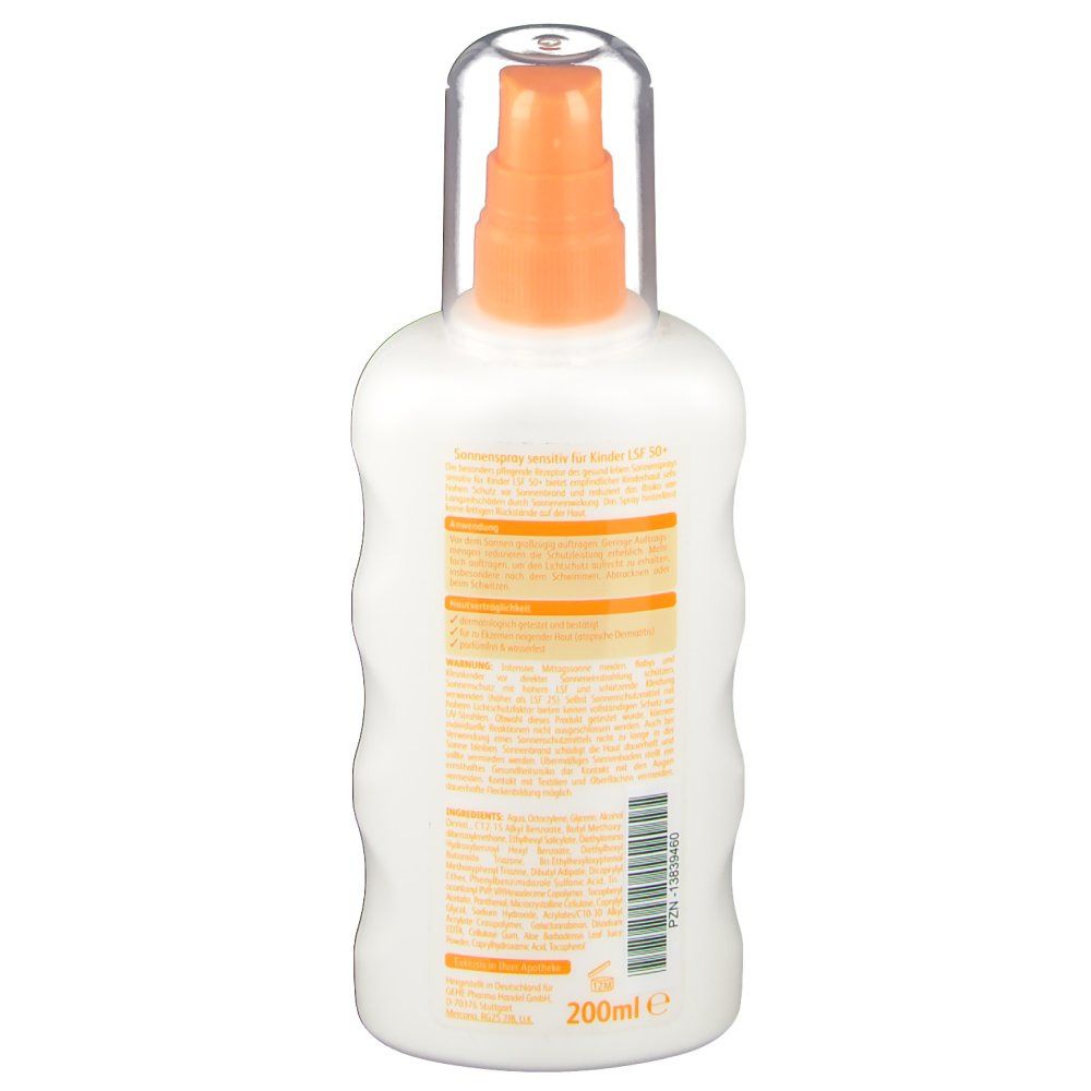 Dos du spray solaire blanc. Texte: gesund leben Sonnenspray sensitiv für Kinder. Avec informations et 200ml.