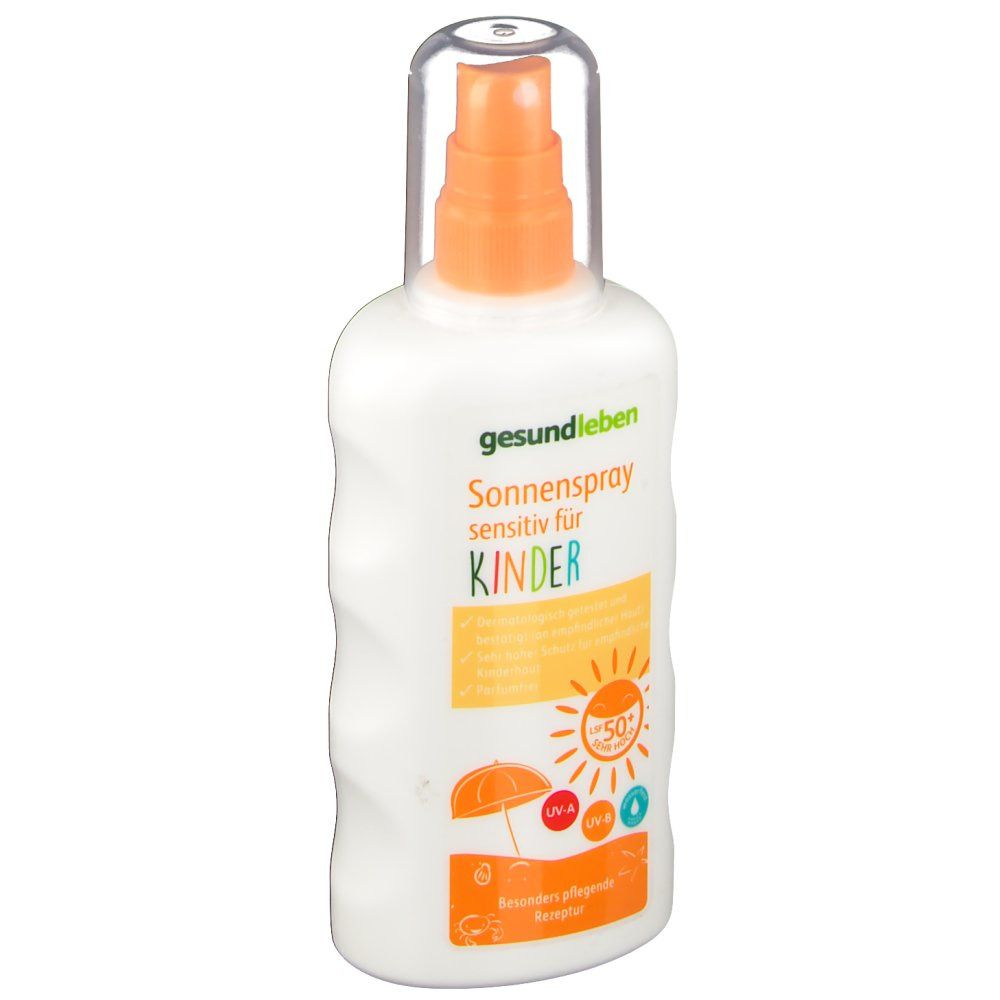 Spray solaire blanc avec tête de pulvérisation orange et bouchon transparent. Texte: gesund leben Sonnenspray sensitiv für Kinder, SPF 50.