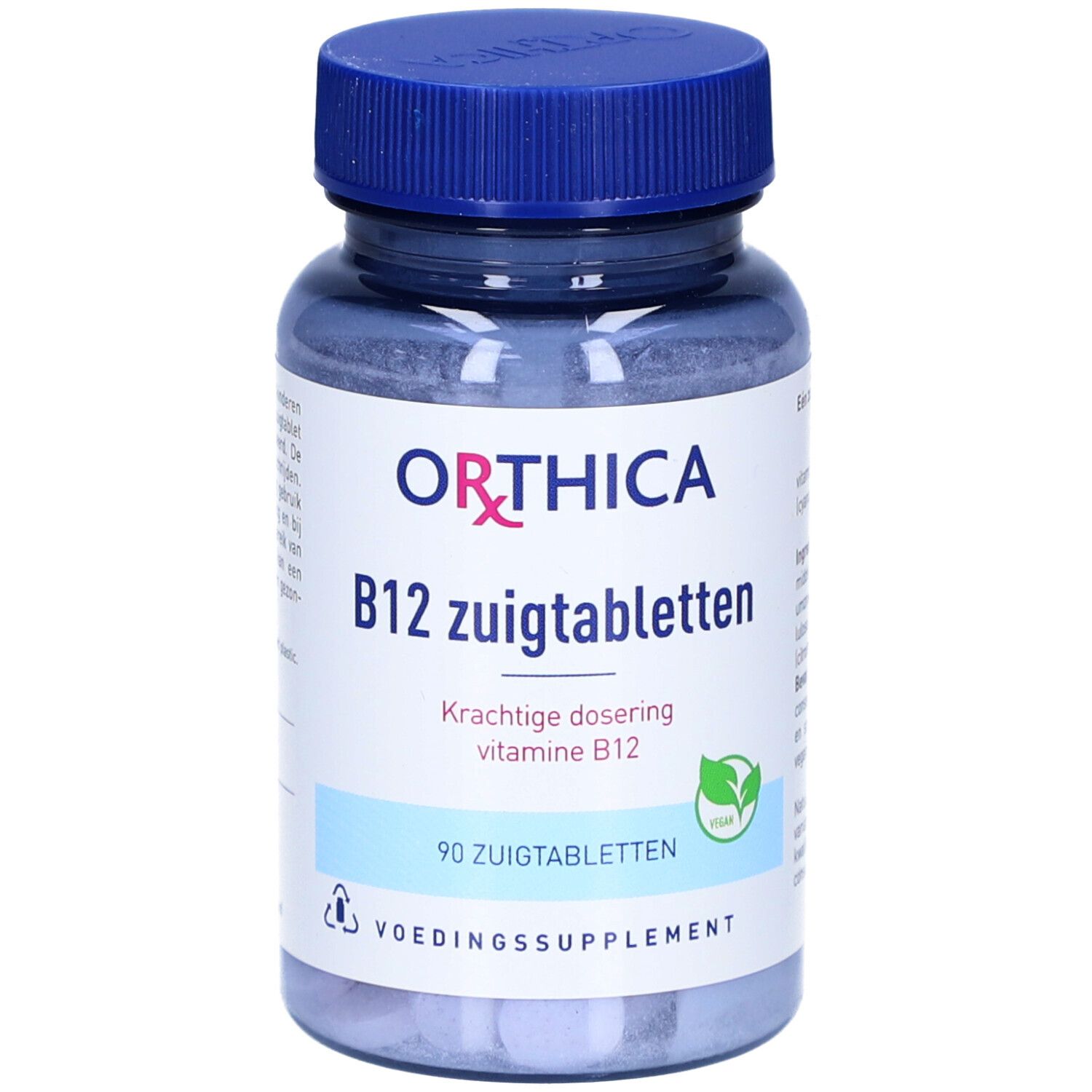 ORTHICA B12 Lutschtabletten. Blaue Flasche mit blauem Deckel. Aufschrift: B12, 90 Lutschtabletten.
