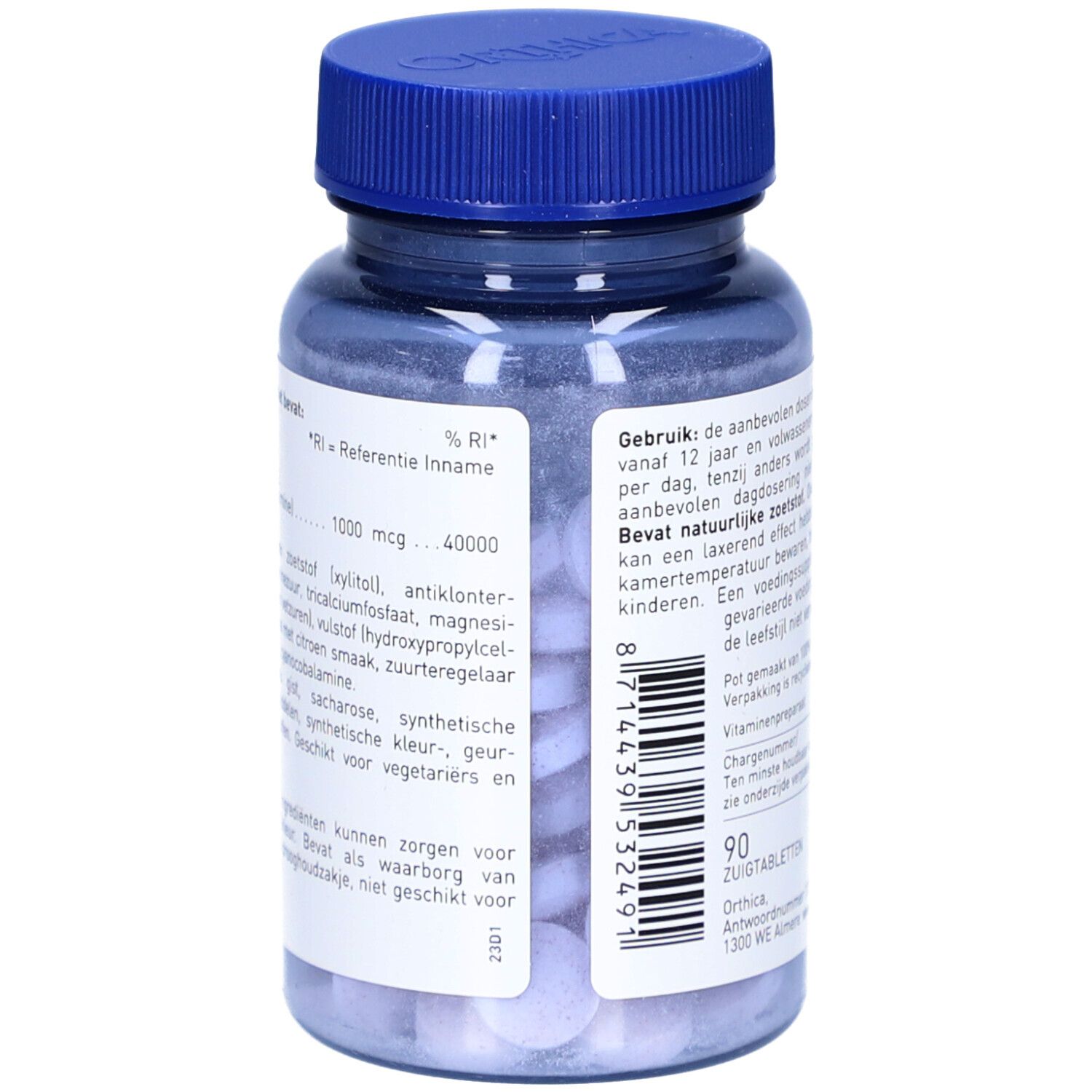 ORTHICA B12 Lutschtabletten. Rückseite der blauen Flasche. Textinformationen und Inhaltsstoffe.