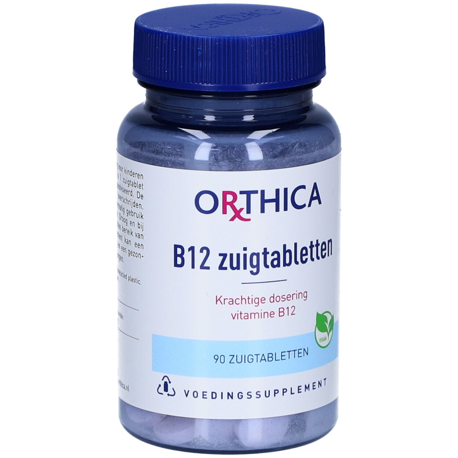 ORTHICA B12 Lutschtabletten. Blaue Flasche mit blauem Deckel. Aufschrift: B12, 90 Lutschtabletten.