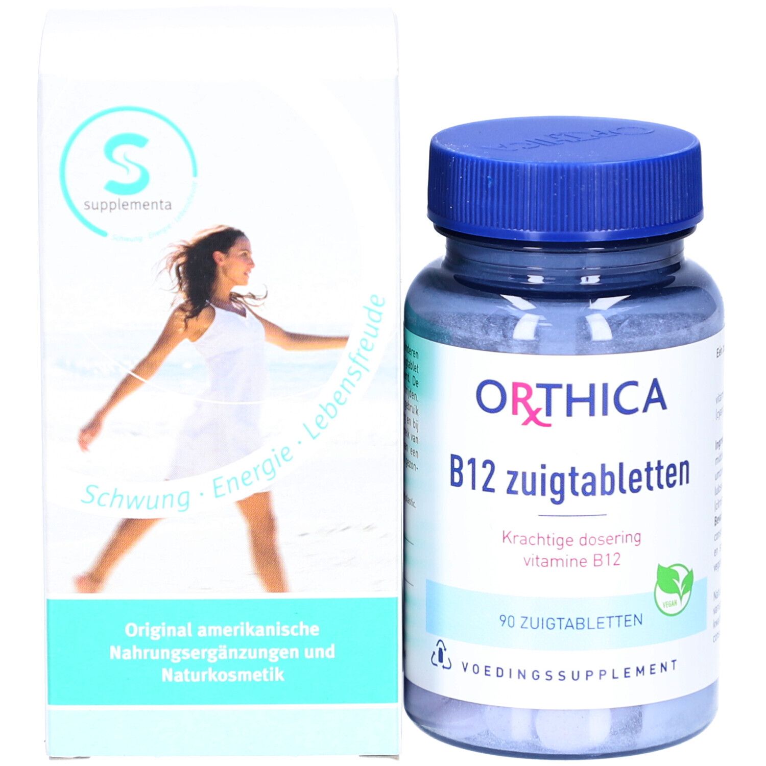ORTHICA B12 Lutschtabletten und Verpackung. Frau am Strand. Aufschrift: Energie, Lebensfreude.