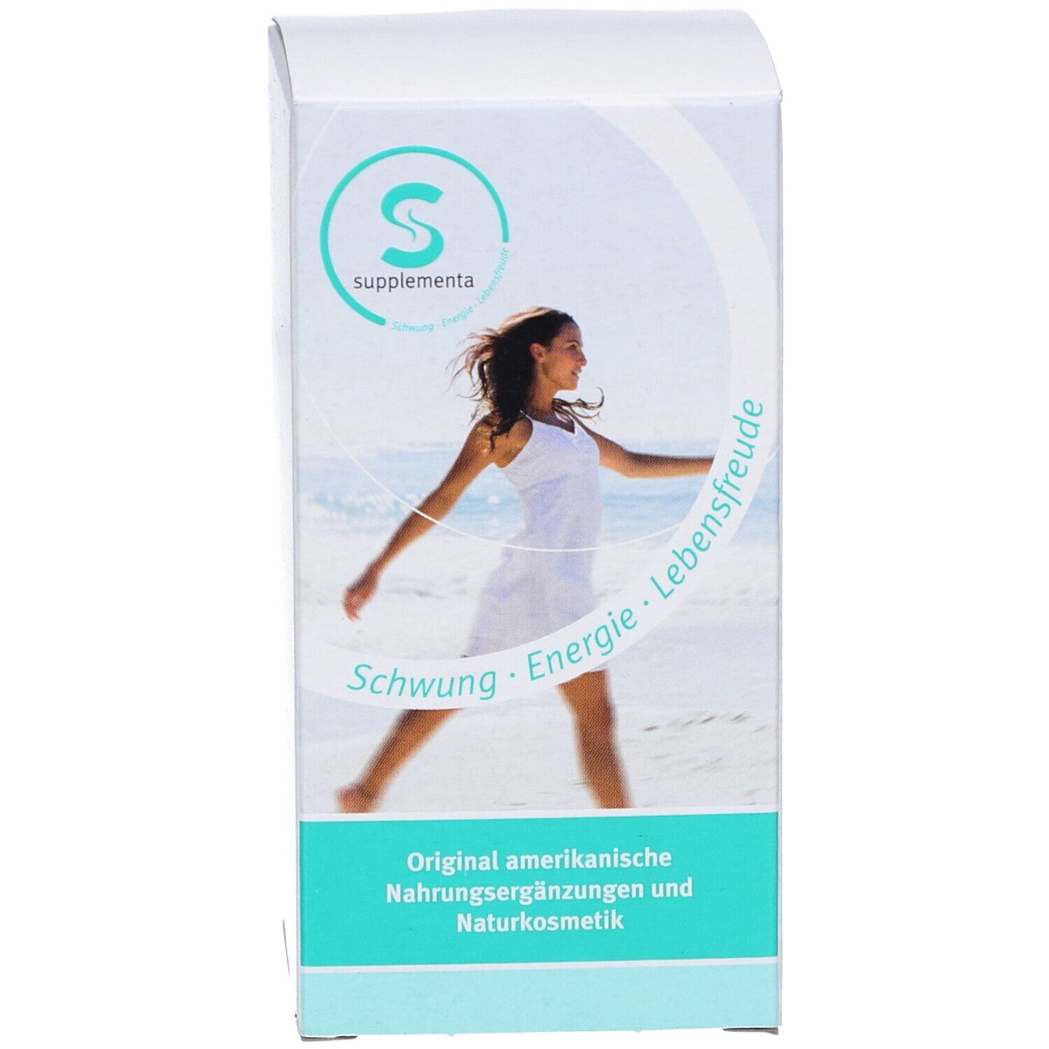 Verpackung von ORTHICA B12 Lutschtabletten. Frau am Strand. Aufschrift: Energie, Lebensfreude.