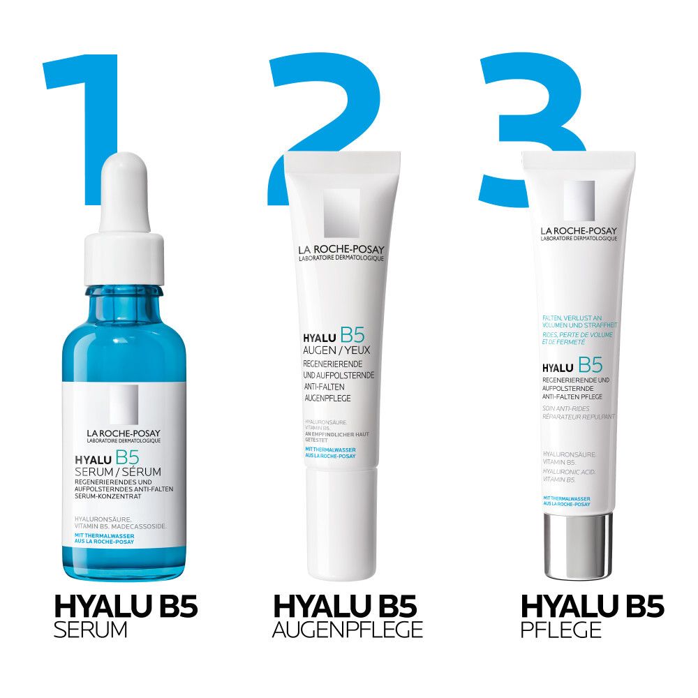 Trois produits : Sérum Hyalu B5, soin des yeux et soin. Flacon bleu, tubes blancs. Tous avec lettrage bleu.