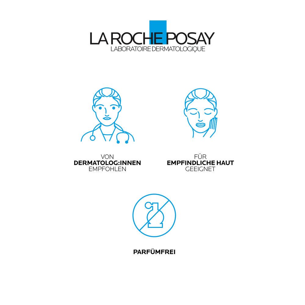 Logo La Roche-Posay. Illustrations : Recommandé par les dermatologues, convient aux peaux sensibles, sans parfum.