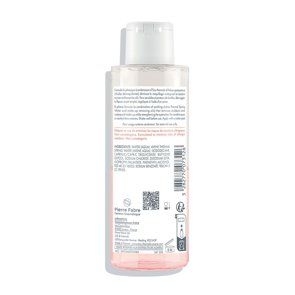 Dos du flacon Avène Démaquillant yeux. Texte: Ingrédients, mode d'emploi, informations fabricant, code QR.