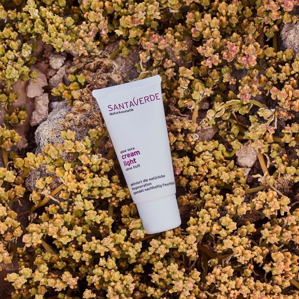Tube SANTAVERDE crème light sans parfum sur plantes. Texte: aloe vera, cream light, sans parfum.