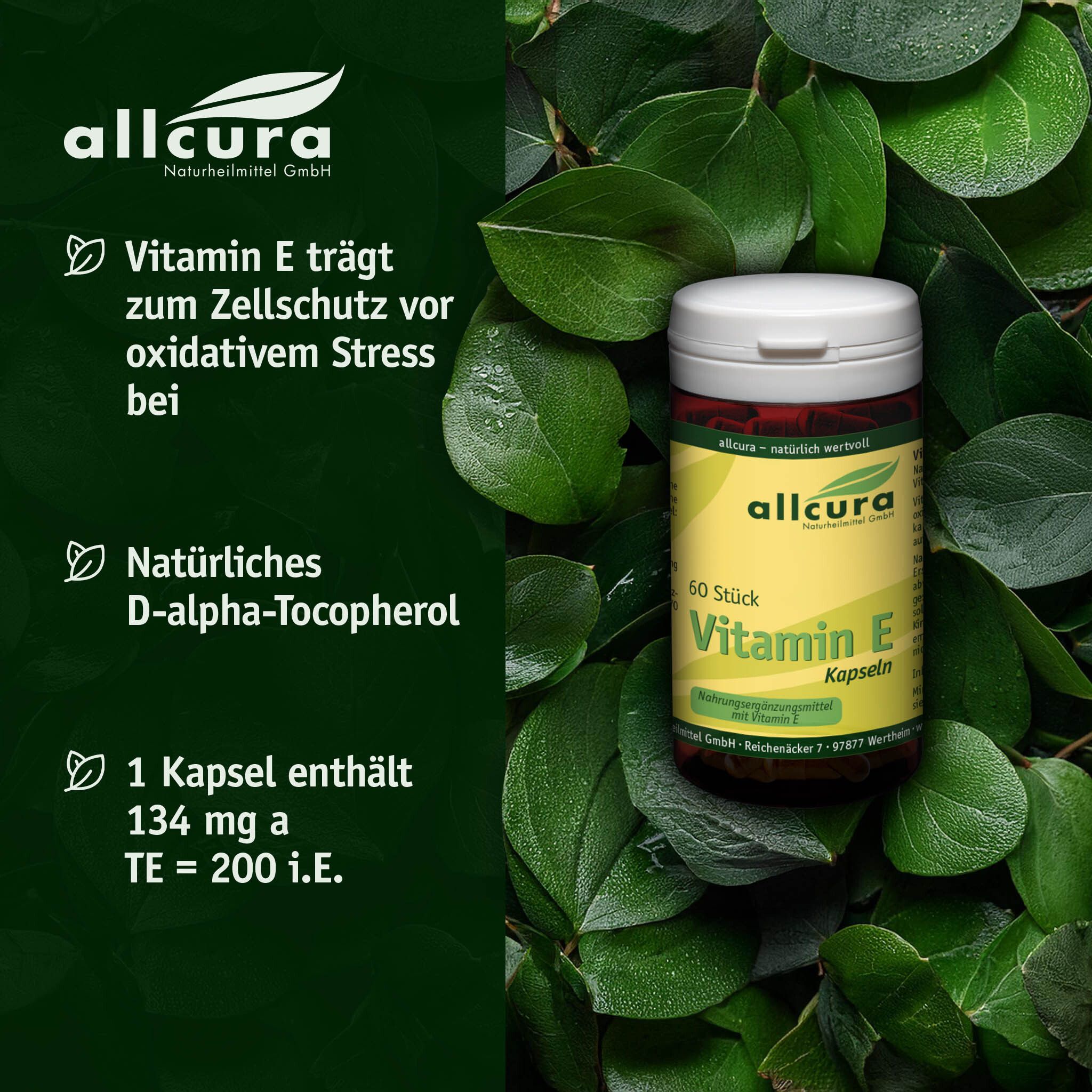 Dose Vitamin E Kapseln in Blättern. Text: Vitamin E trägt zum Zellschutz bei. 1 Kapsel enthält 134 mg a TE = 200 i.E.